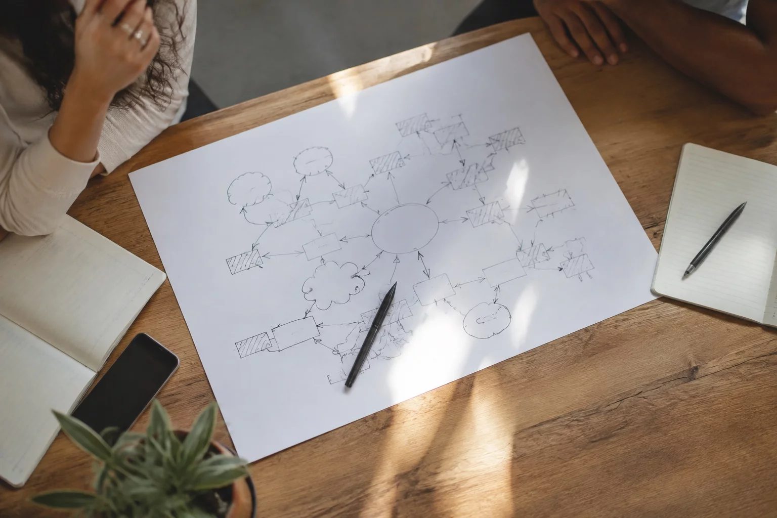 Vista de cima de uma mesa com um diagrama de lógica desenhado à mão