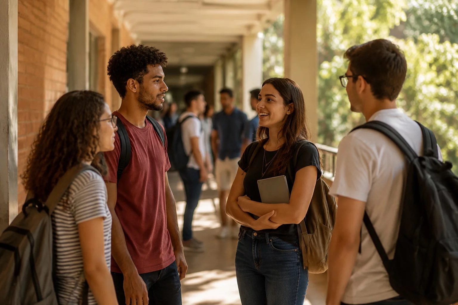 Estudantes com mochilas conversando no corredor de uma universidade