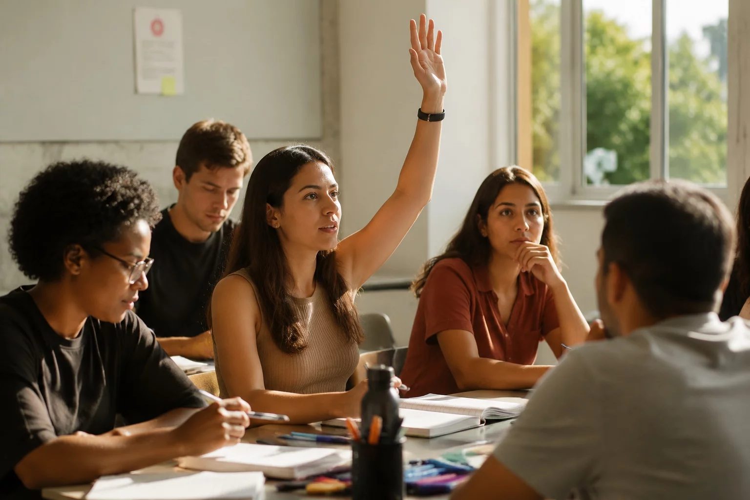 Estudante levantando a mão em uma mesa de seminário coberta de anotações