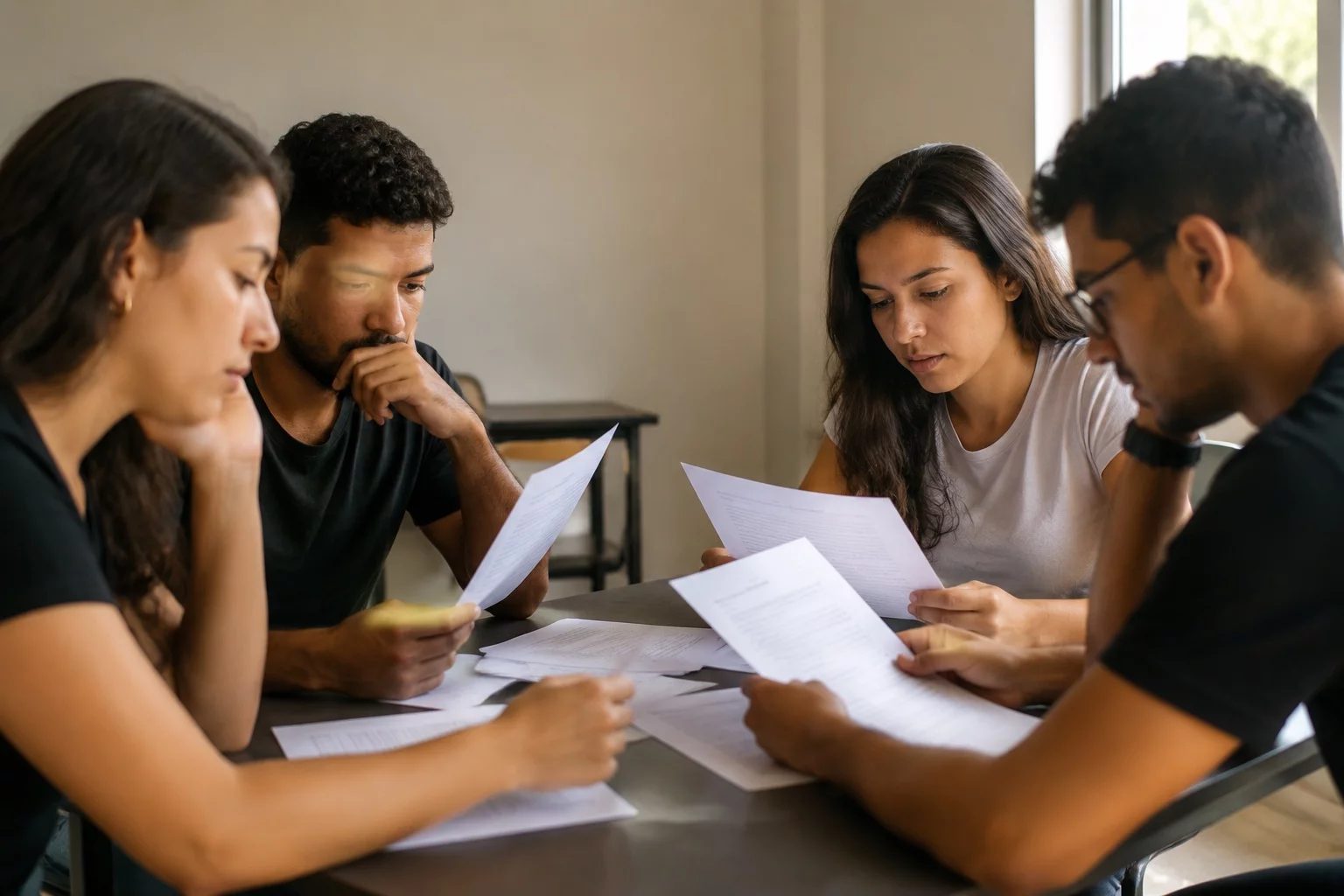 Grupo pequeno lendo páginas impressas de argumentos ao redor de uma mesa