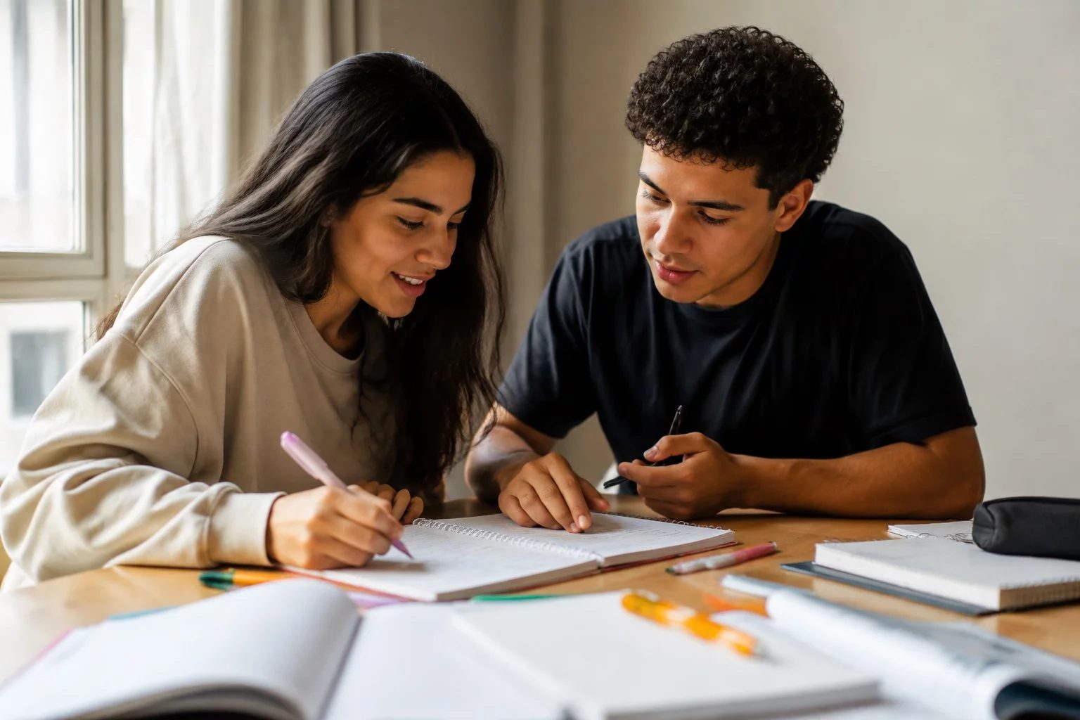 Dois estudantes preparando um debate com cadernos e marcadores