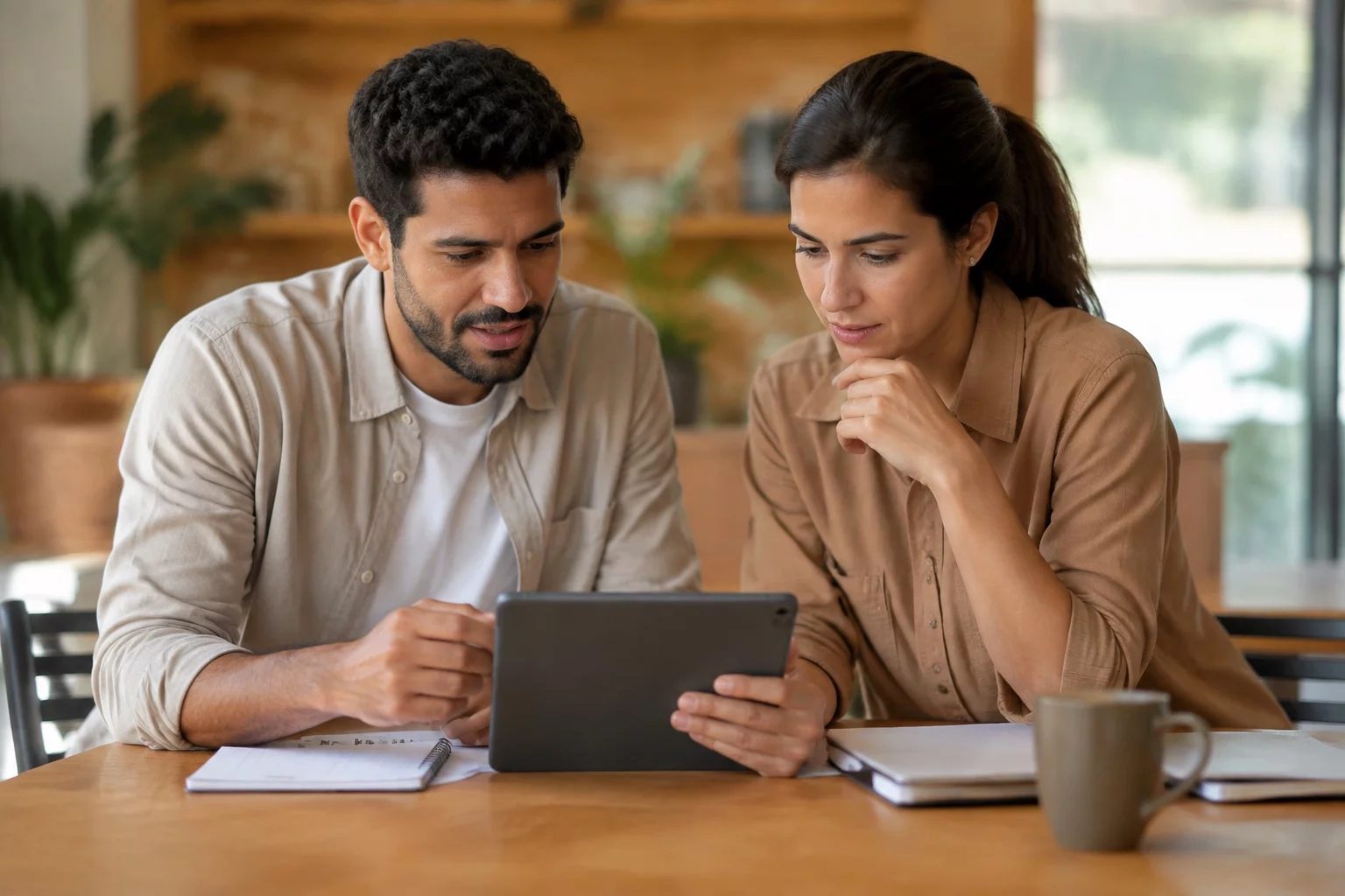 Duas pessoas revisando anotações em um tablet sobre uma mesa de madeira